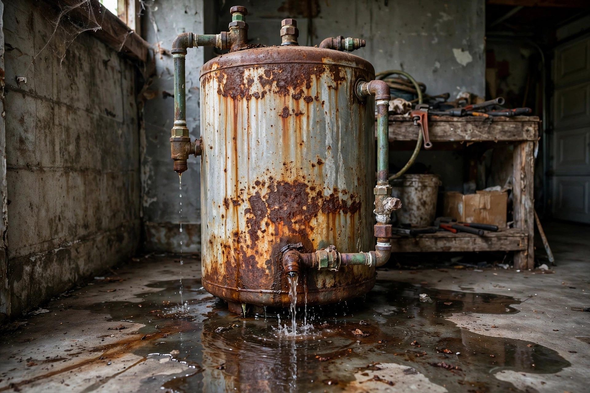 Old rusty leaking water heater tank