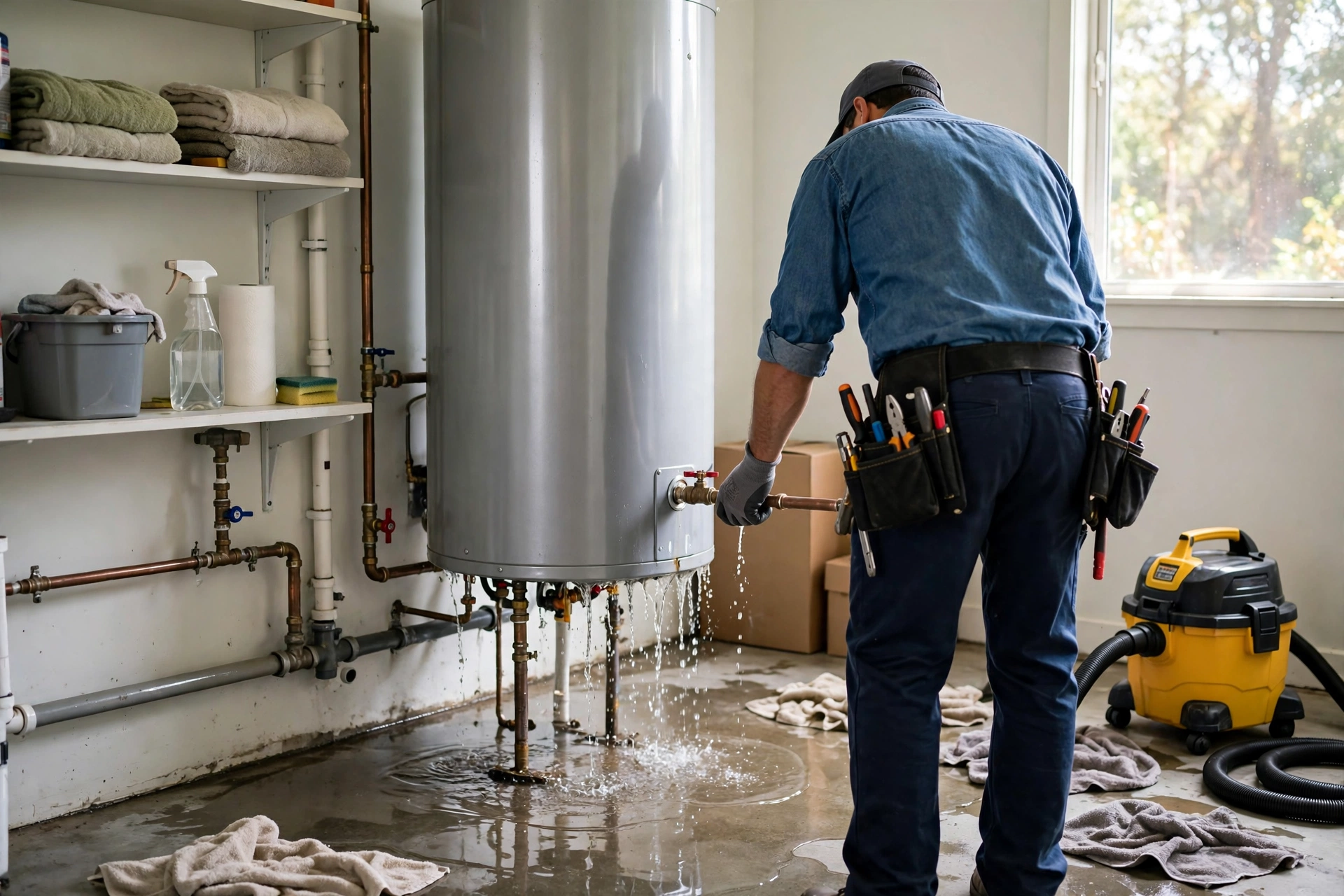 Technician shutting off a leaking water heater